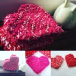 four photos of hand-knit heart-shaped scrubby washcloths